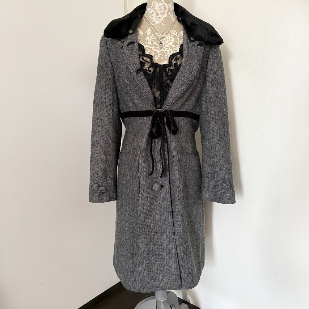 i.e. Gray Herringbone Wool Coat Removable Fur Collar Belted Bow Sz L